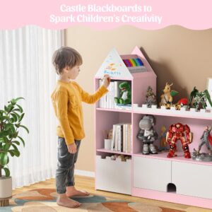 Decofy Toy Storage Organizer, Wood Kids Castle Bookshelf, 6 Cubby Children Bookcase, Montessori Book Shelf for Nursery, Playroom, Living Room [Size: 39.4" L* 11.8" W * 39.4" H] Pink