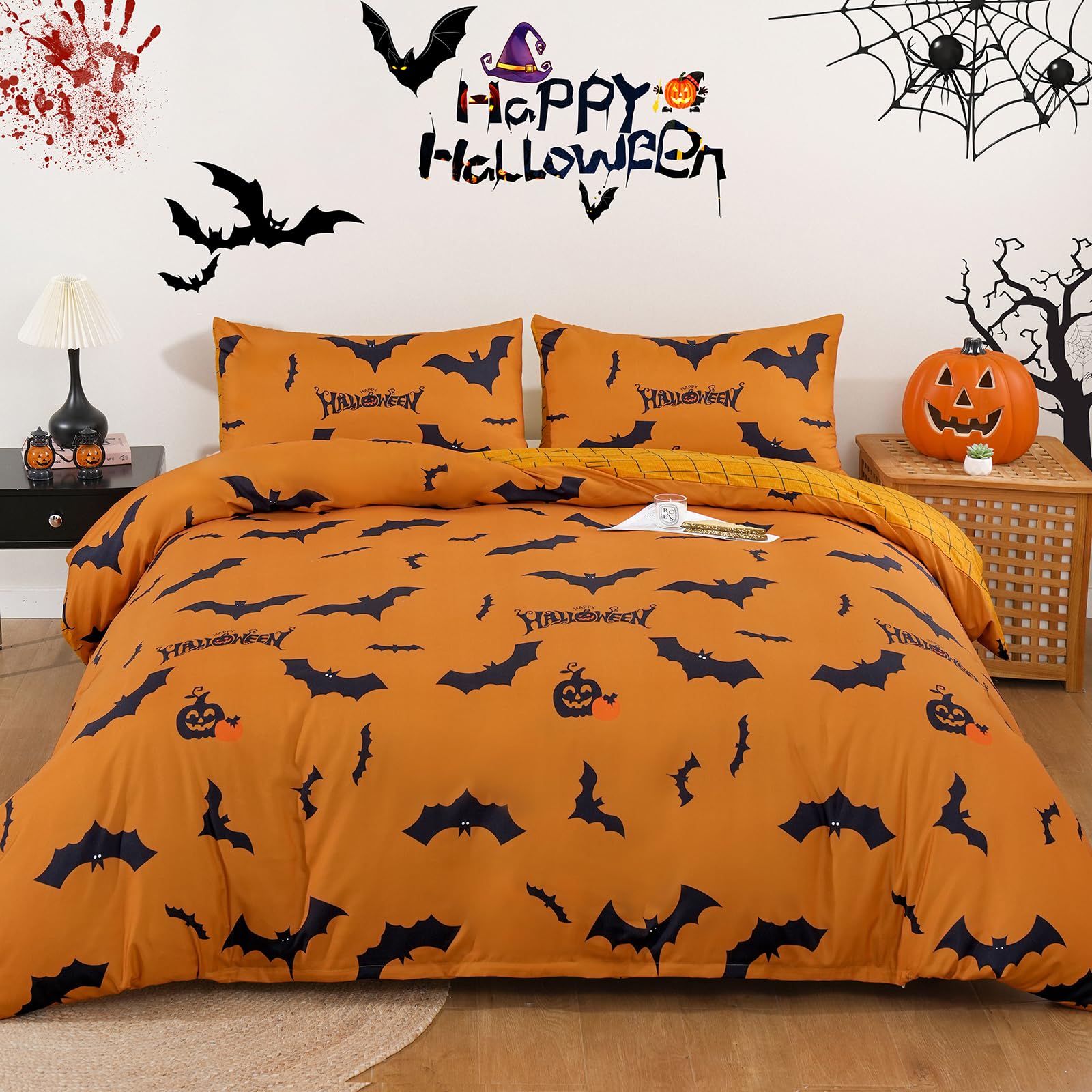 Xruibed Halloween Duvet Cover Set King Pumpkin Bat Orange Bedding Duvet Cover Set 3 Pieces Halloween Duvet Cover with 2 Pillowcases Funny Halloween Comforter Cover Set for Kids Teens 104"x90"