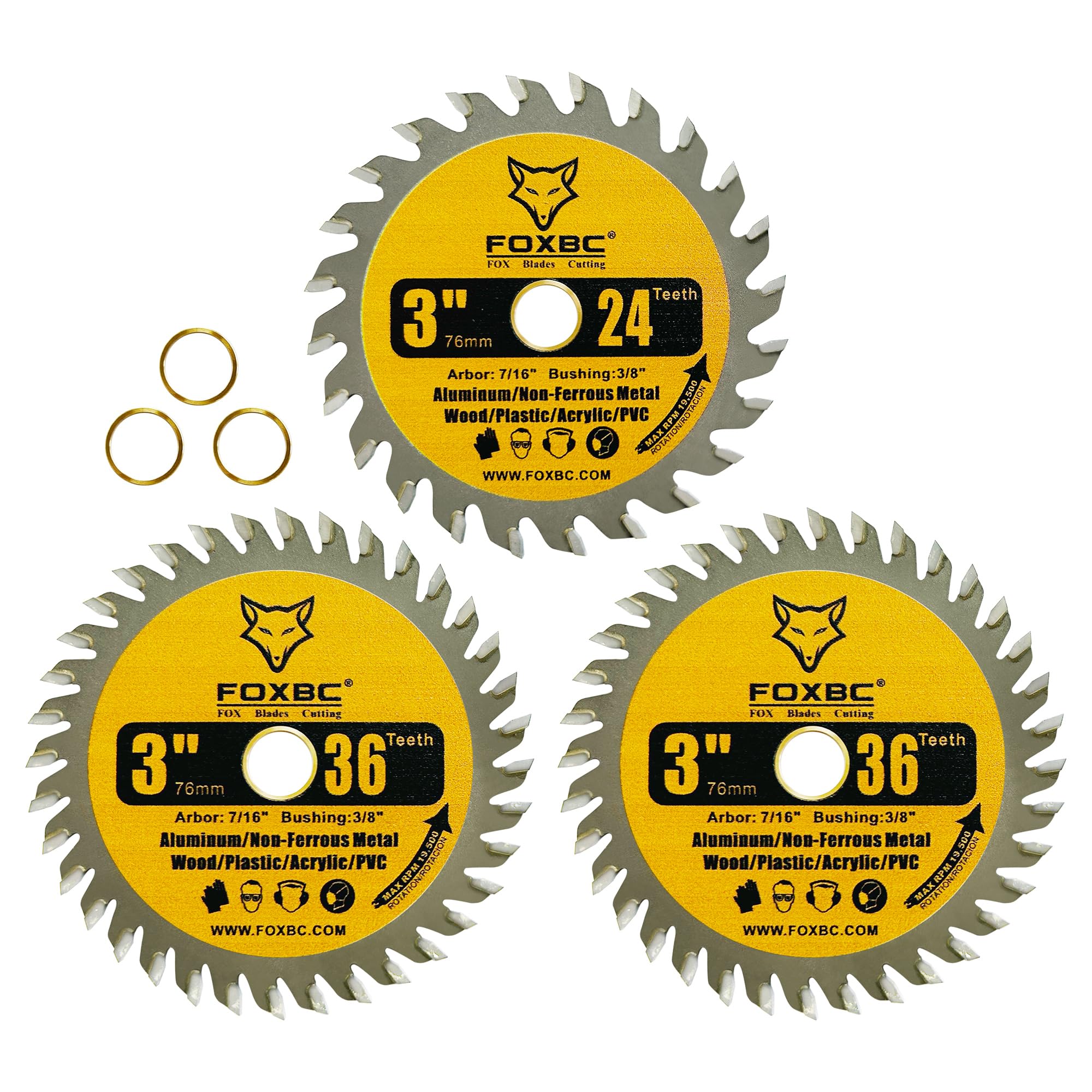 FOXBC 3 Inch Carbide Circular Saw Blade 24 Tooth, 36 Tooth for Wood, Plastic, PCV, Acrylic, Aluminum with 7/16" Arbor, 3/8" Bushing - 3 Pack