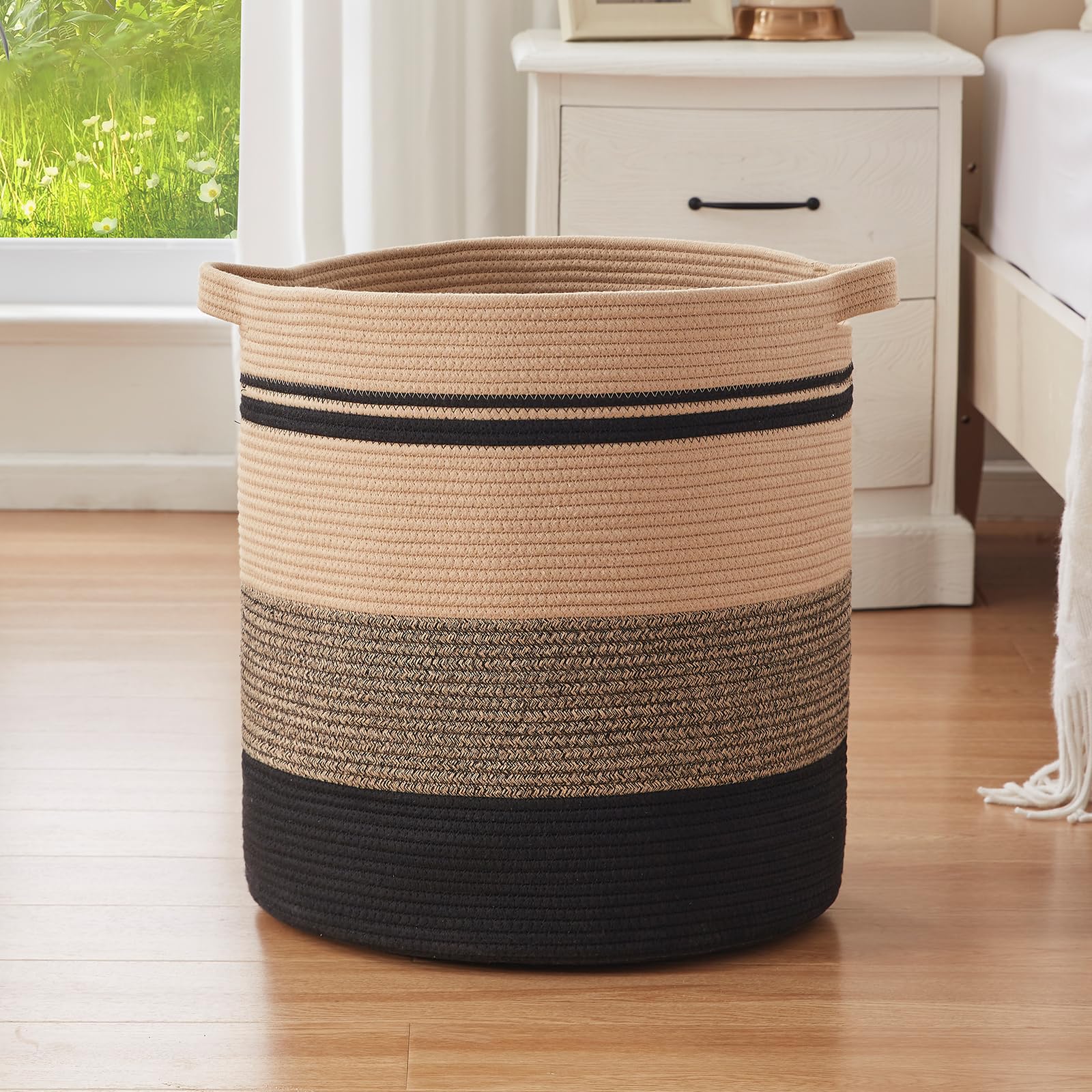 Woven Laundry Basket Hamper, 80L Tall Basket for Blanket Storage, Cotton Rope Decorative Storage for Living Room, Dirty Clothes Basket, Baby Hamper for Nursery (Black & Brown)