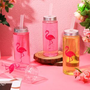 SiliFine 24 Pack Cups 14.2 oz Plastic Tumbler with Lid and Straw Clear Reusable Cups with Lids and Straws Cups for Birthday Party Supplies(Flamingo)