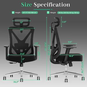 T23 Ergonomic Office Chair,Mesh Computer Desk Chairs with Adjustable Lumbar Support,Headrest,3-D Armrests,Swivel Wheels,Rolling Home Office Desk Chairs for Long Hours (Black)