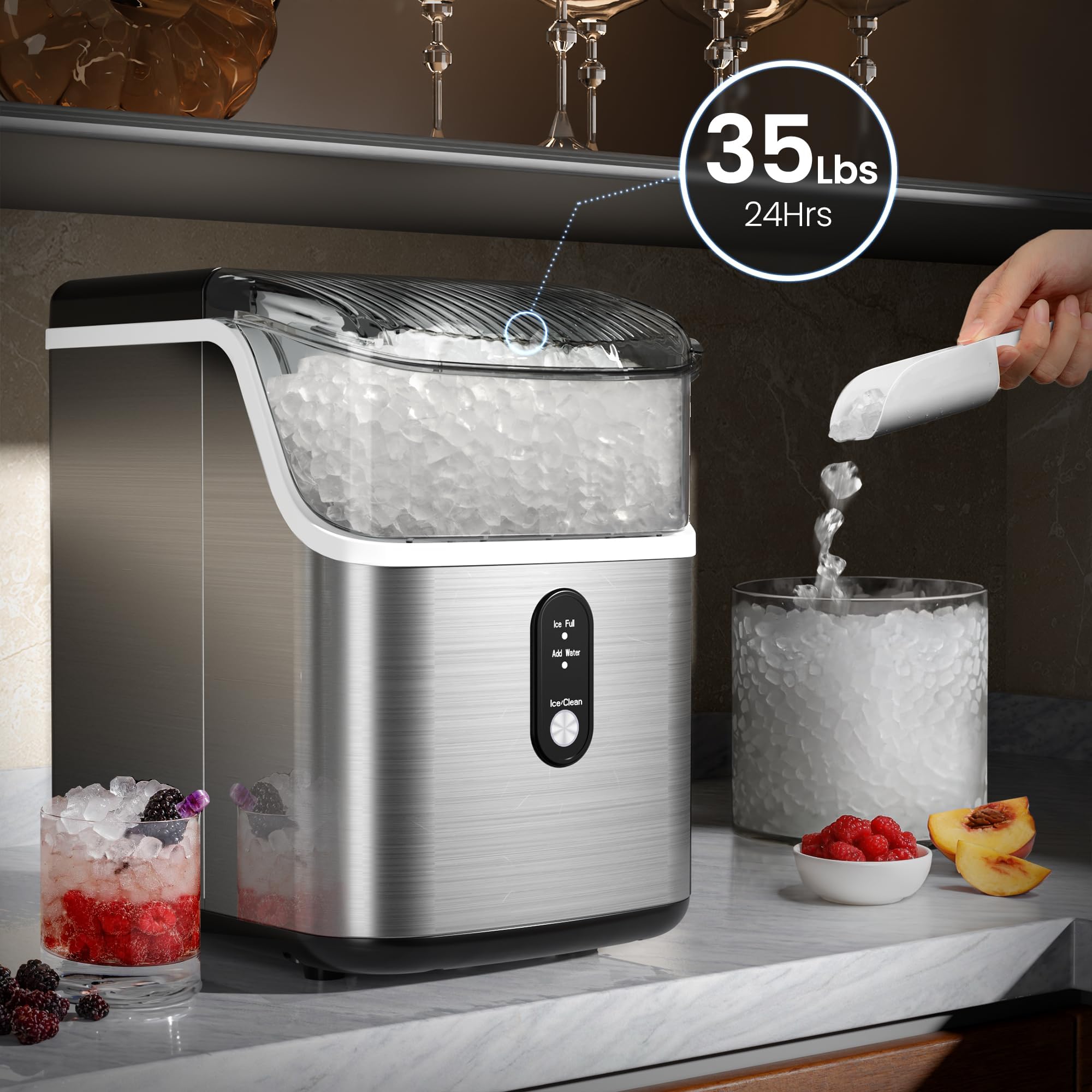 Kismile Nugget Ice Makers Countertop, Pebble Ice Maker Machine with Pellet Ice, 35lbs/Day, Ice Maker Machine with Self-Cleaning, Sonic Ice Makers Countertop for Home & Kitchen (Stainless Steels)