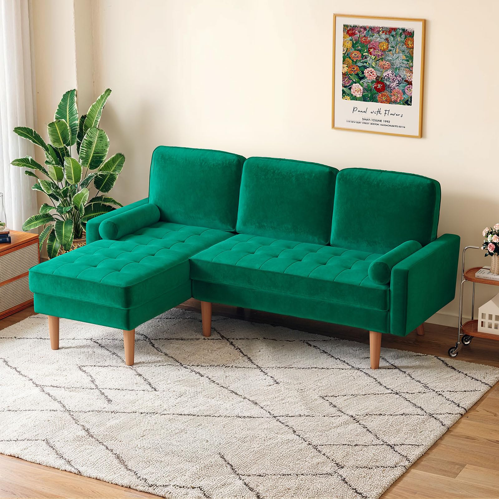 ONBRILL L Shaped Couch, Velvet L Shaped Sofa with Convertible Chaise, Sectional Sleeper Couch w/Tufted Sponge Cushion & 2 Bolster Pillows, Comfy L Shape Couch for Living Room, Small Space, Green