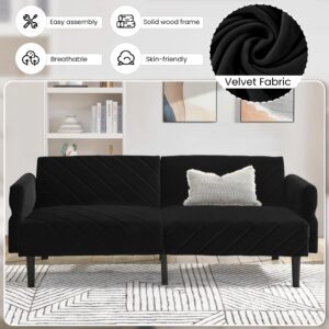 JEEOHEY Futon Sofa Bed, 78" Convertible 3 Seat Sleeper Sofa w/5 Level Adjustable Split Backrest & 3 Level Armrest, Oversized Velvet Futon Couch Bed for Living Room, Apartment, Small Space, Black