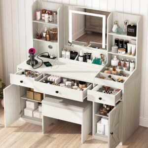 jiteentarou Farmhouse Vanity Desk w/Outlet & Stool, 11 Storage Shelves 3 Drawers 2 Big Cabinets, 43" White Vanity Table Make up Desk w/Mirror and Lights, Rustic LED Vanity Set for Women, Girls