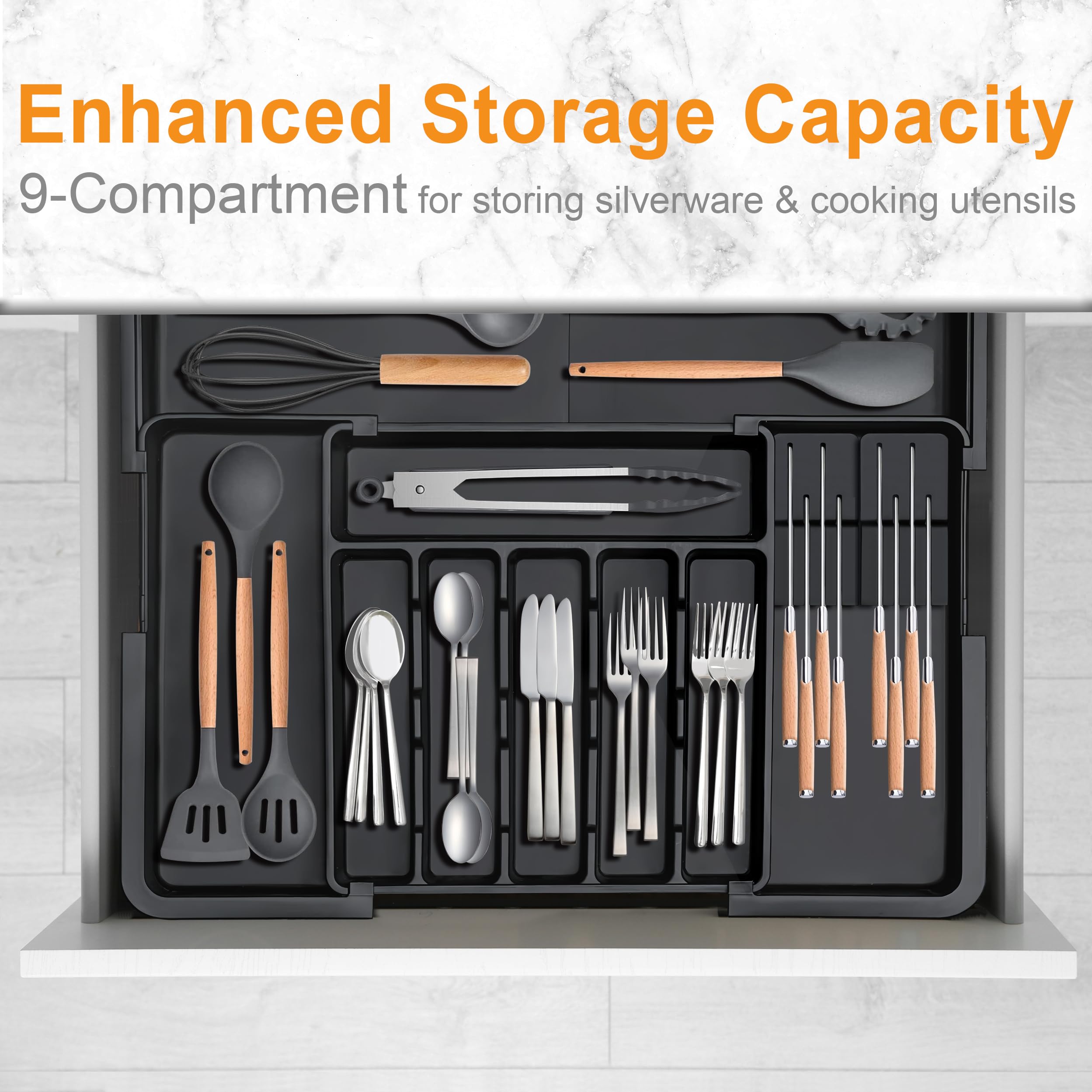 Homecor Silverware Organizer - Expandable Large Kitchen Drawer Organizer Utensil Organizer with 2 Removable Knife Blocks, 22"x 19"Cutlery Tray Drawer Dividers for Kitchen Flatware(6-9 Slots) (Black)