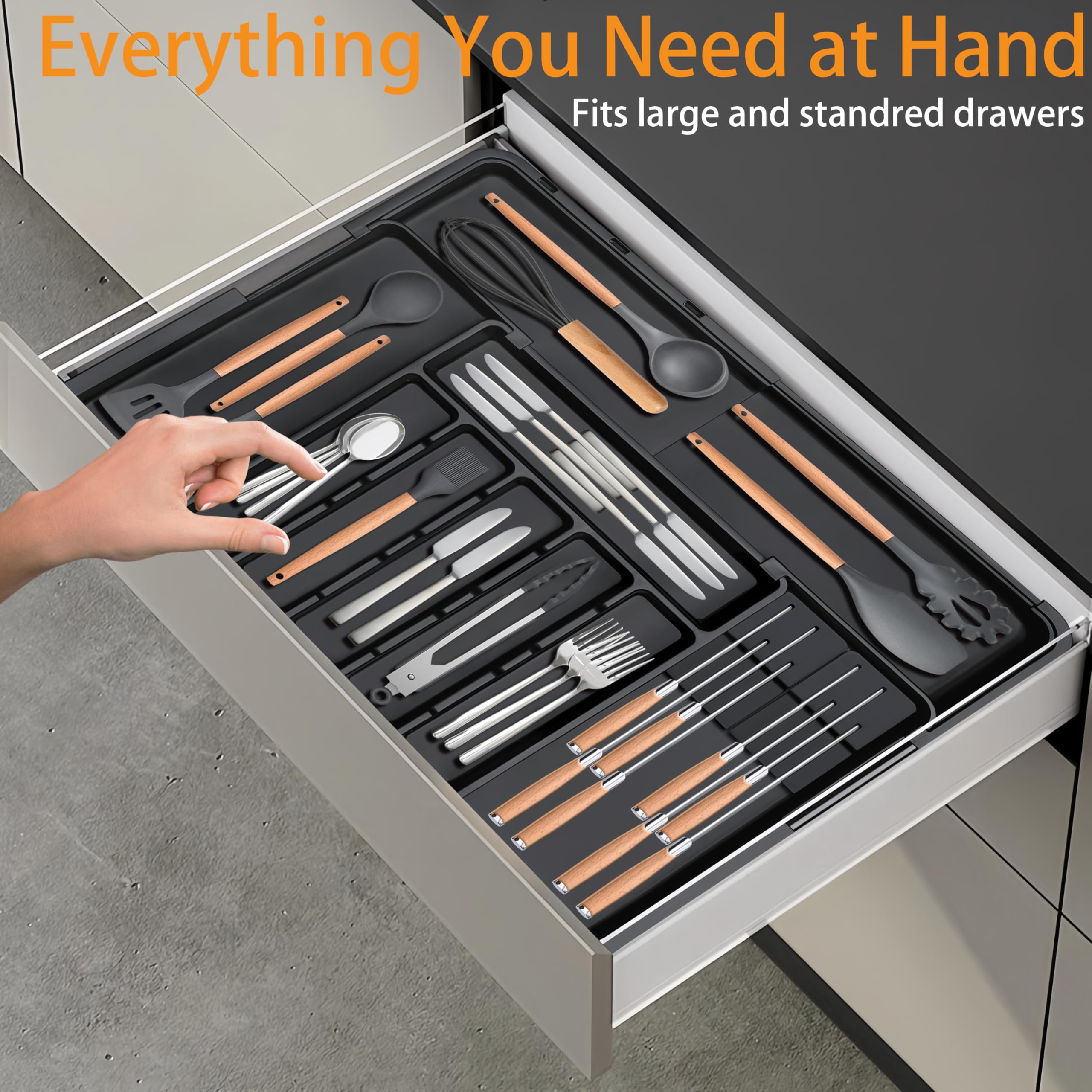 Homecor Silverware Organizer - Expandable Large Kitchen Drawer Organizer Utensil Organizer with 2 Removable Knife Blocks, 22"x 19"Cutlery Tray Drawer Dividers for Kitchen Flatware(6-9 Slots) (Black)