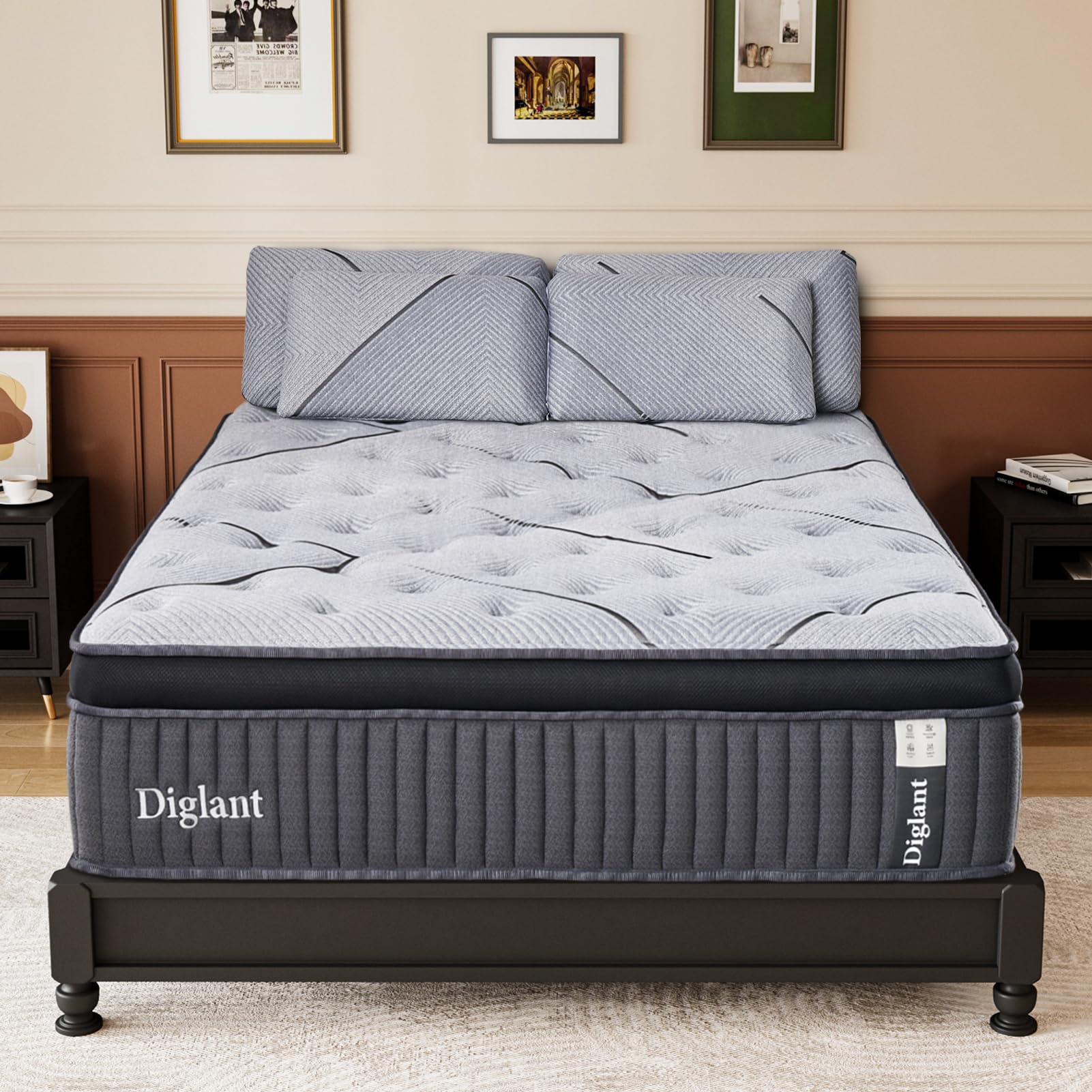 DIGLANT King Mattress, 14Inch Cooling Gel Memory Hybrid Medium Plush Mattress, King Size Individual Pocket Spring Mattress in Box, CertiPUR-US,10 Years Support