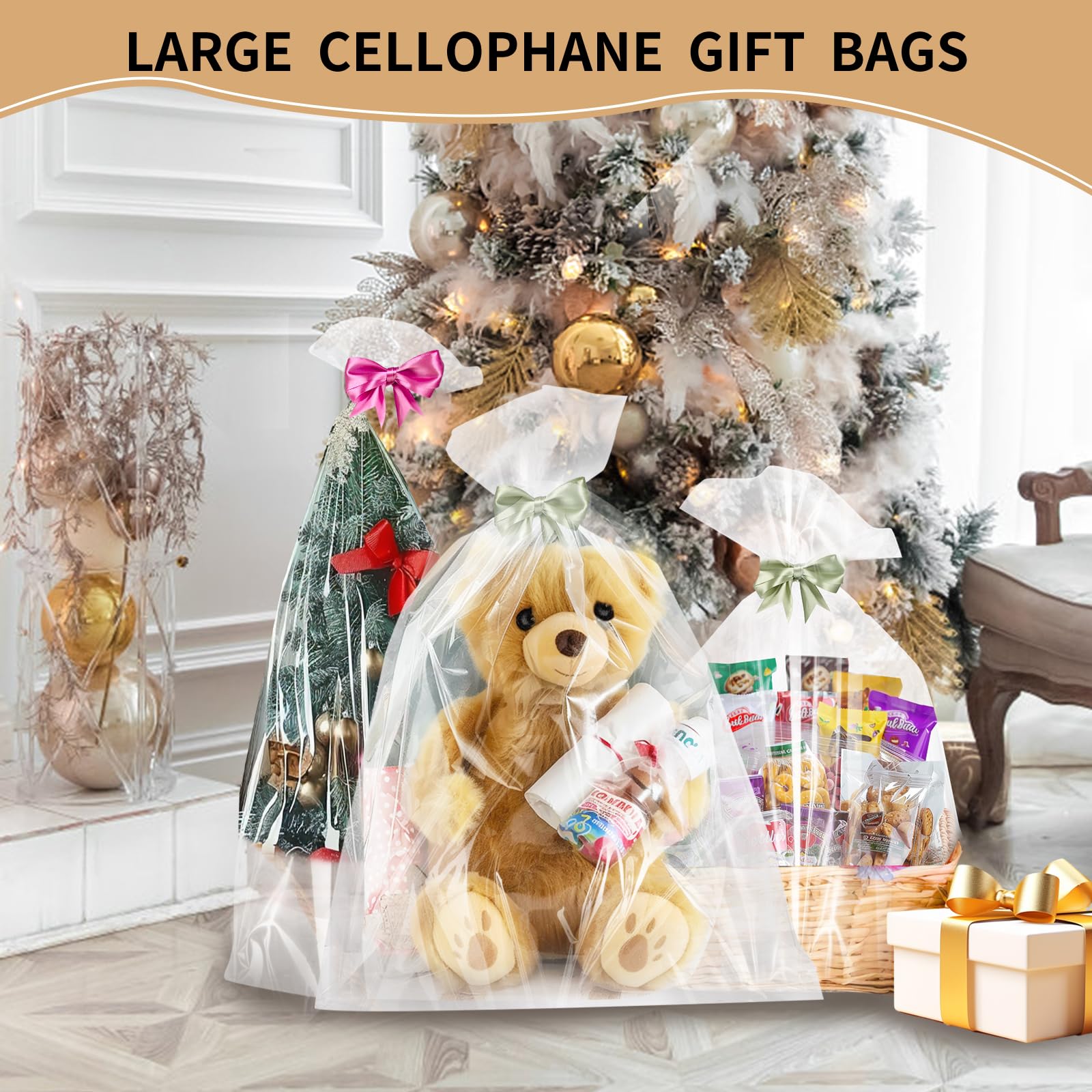 6PCS Extra Large Cellophane Bags 40x50 Inch Clear Cellophane Gift Bags Cellophane Wrap For Gift Baskets 2.5 Mil Thick