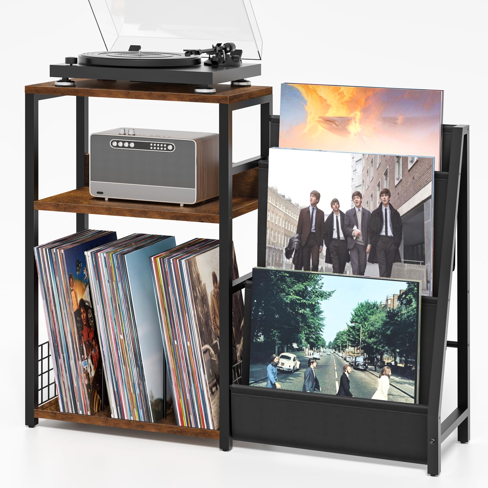 LEBOAHOUS Brown Record Player Table with Vinyl Display Shelf Storage Up to 150 Albums, Printer Stand for Office, End Table Turntable Holder for Living Room, 3 Tier AV Media Stands DVD Video Game Console Shelf