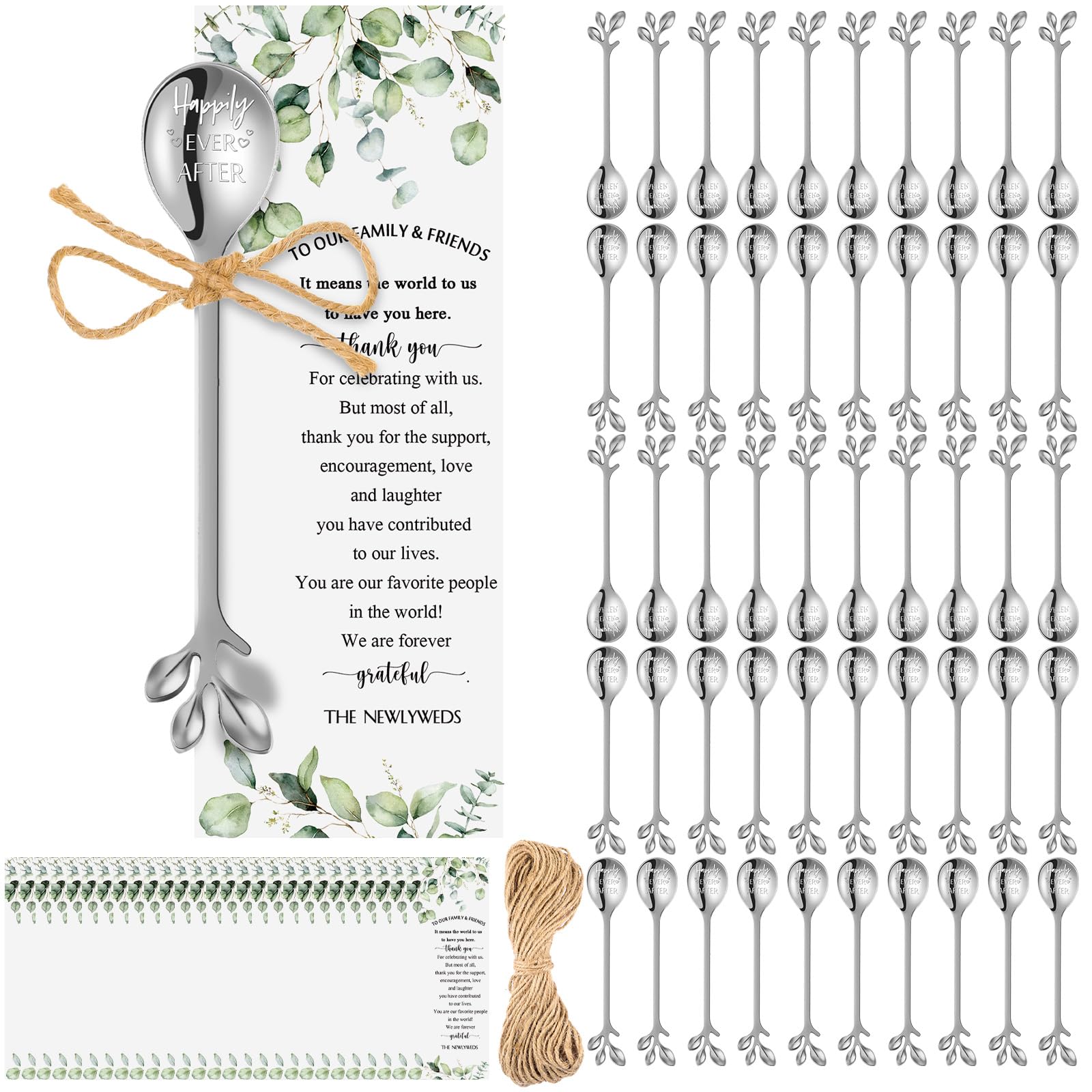 Tioncy 50 Pcs Bridal Shower Favors Tea Spoons 4.9 Inch Silver Stainless Steel Leaf Dessert Teaspoon Coffee Tea Party Favors with Thank You Cards and Rope for Gift Bridal Shower Guests Wedding