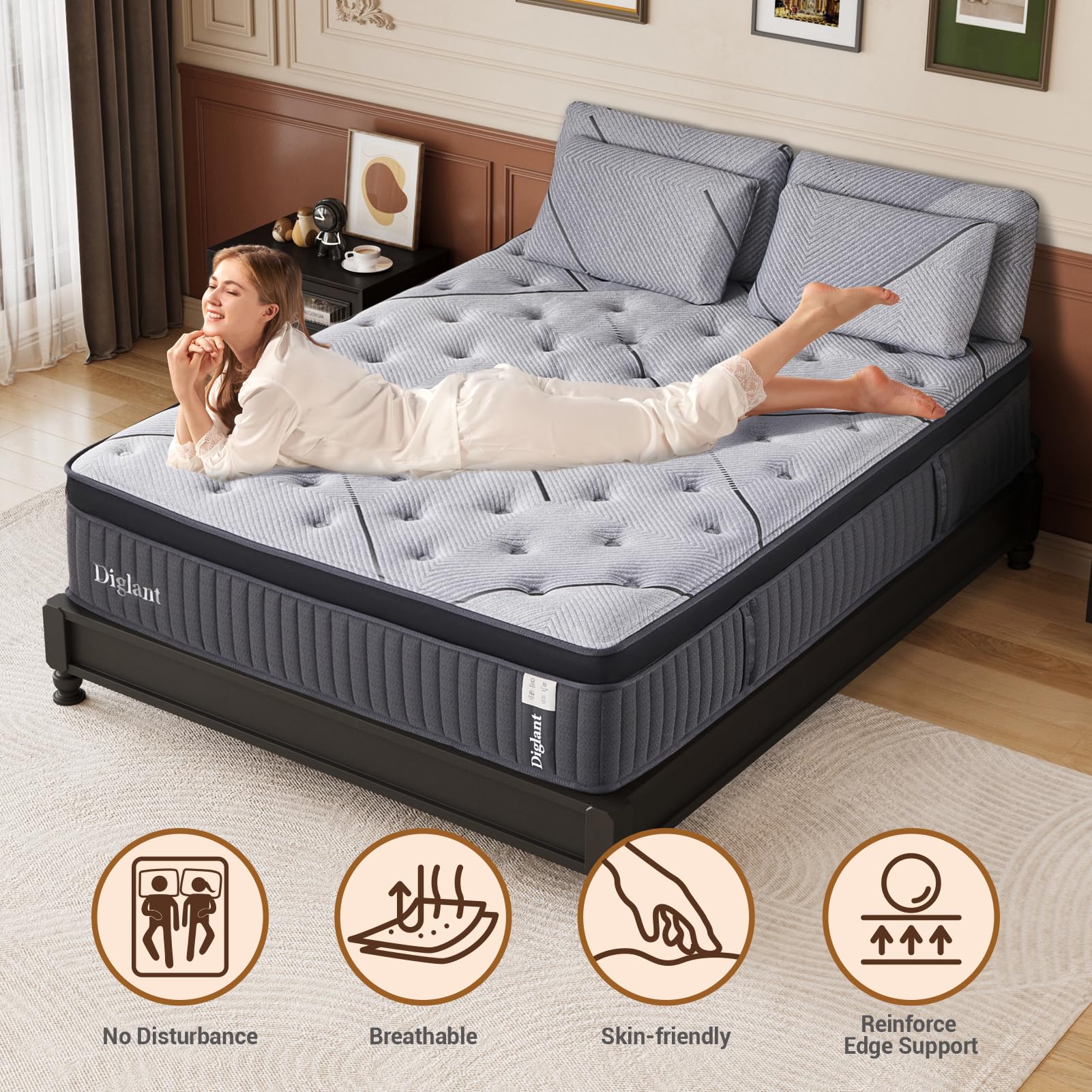 DIGLANT Full Mattress, 14Inch Cooling Gel Memory Hybrid Medium Plush Mattress, Full Size Individual Pocket Spring Mattress in Box, CertiPUR-US,10 Years Support