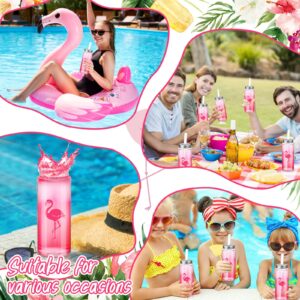 SiliFine 24 Pack Cups 14.2 oz Plastic Tumbler with Lid and Straw Clear Reusable Cups with Lids and Straws Cups for Birthday Party Supplies(Flamingo)