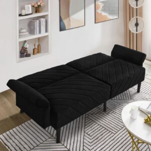 JEEOHEY Futon Sofa Bed, 78" Convertible 3 Seat Sleeper Sofa w/5 Level Adjustable Split Backrest & 3 Level Armrest, Oversized Velvet Futon Couch Bed for Living Room, Apartment, Small Space, Black