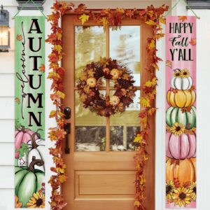 deroro happy fall y'all pink green pumpkin porch banner sign, welcome autumn sunflower front door decorative hanging welcome banner flag, thanksgiving seasonal decoration home outdoor decor