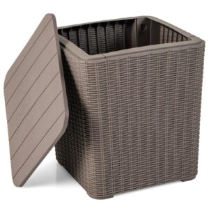 giantex small outdoor side table - 11.5 gallon deck box with removable lid & wicker-woven, outside storage box waterproof, resin rattan side table, outdoor coffee table, patio storage box (brown)