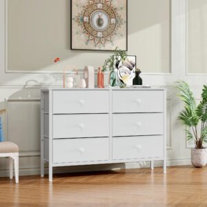 LYNCOHOME White Dresser for Bedroom, 6 Drawer Wooden Dresse, Small Dresser for Bedroom and 50" Tv, Entertainment Center with Metal Frame, Wooden Top,Dressers for Kids, Fabric Dressers for Nursery