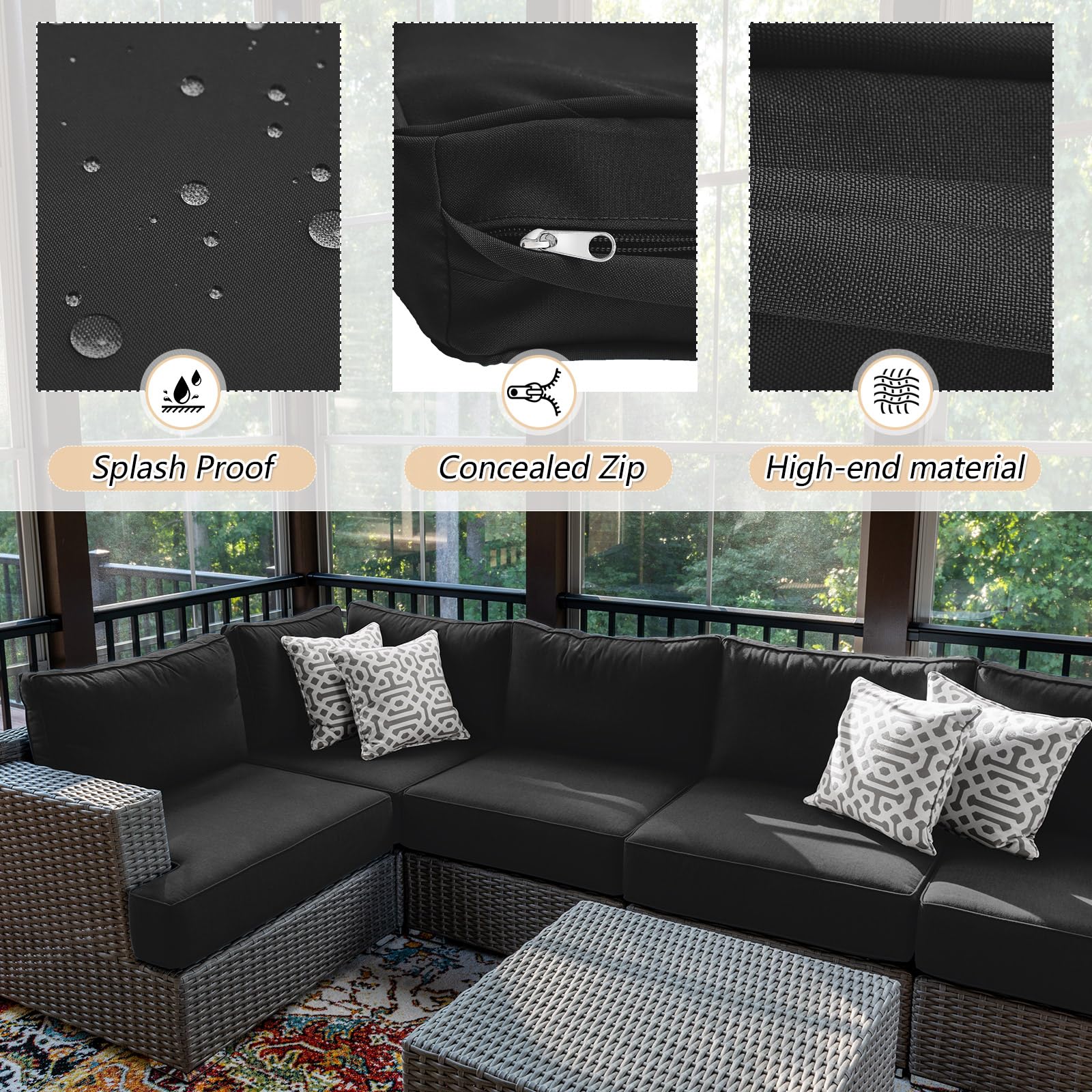 Patelai 14 Pieces Outdoor Cushion Slipcovers Outdoor Patio Cushion Covers Replacement Outdoor Sectional Cushion Covers Seat Cushion Coves for Outdoor Patio Furniture, Covers Only (Black)