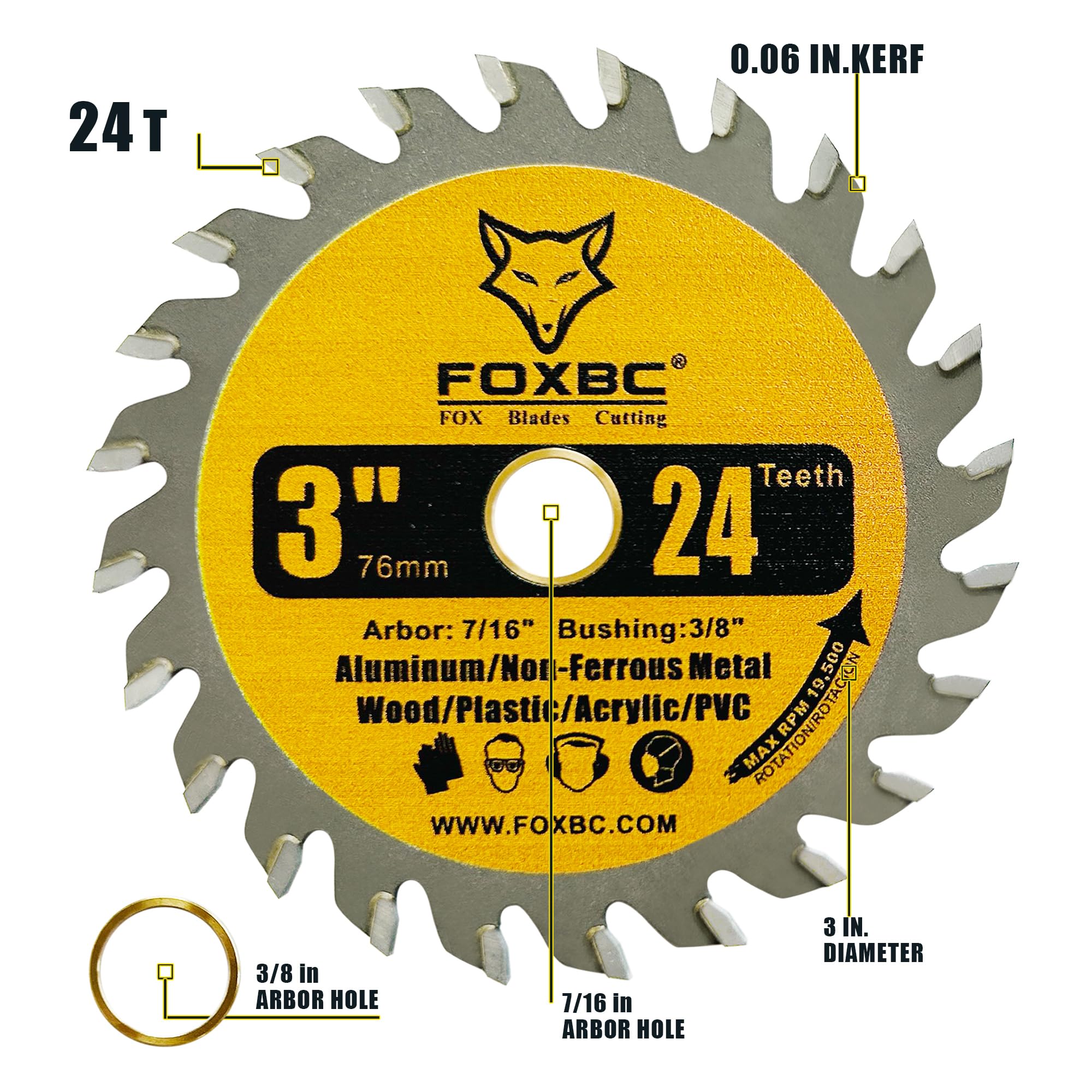 FOXBC 3 Inch Carbide Circular Saw Blade 24 Tooth, 36 Tooth for Wood, Plastic, PCV, Acrylic, Aluminum with 7/16" Arbor, 3/8" Bushing - 3 Pack