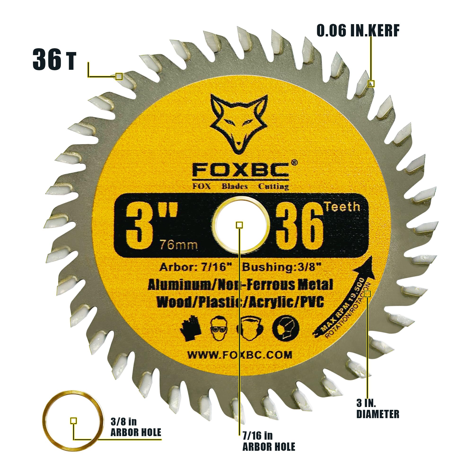 FOXBC 3 Inch Carbide Circular Saw Blade 24 Tooth, 36 Tooth for Wood, Plastic, PCV, Acrylic, Aluminum with 7/16" Arbor, 3/8" Bushing - 3 Pack