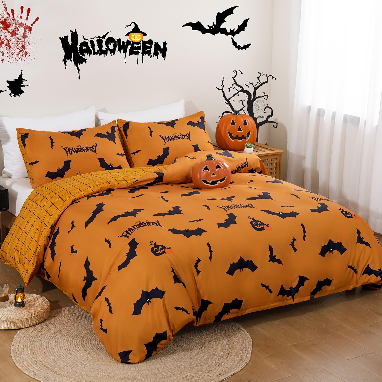 Xruibed Halloween Duvet Cover Set King Pumpkin Bat Orange Bedding Duvet Cover Set 3 Pieces Halloween Duvet Cover with 2 Pillowcases Funny Halloween Comforter Cover Set for Kids Teens 104"x90"