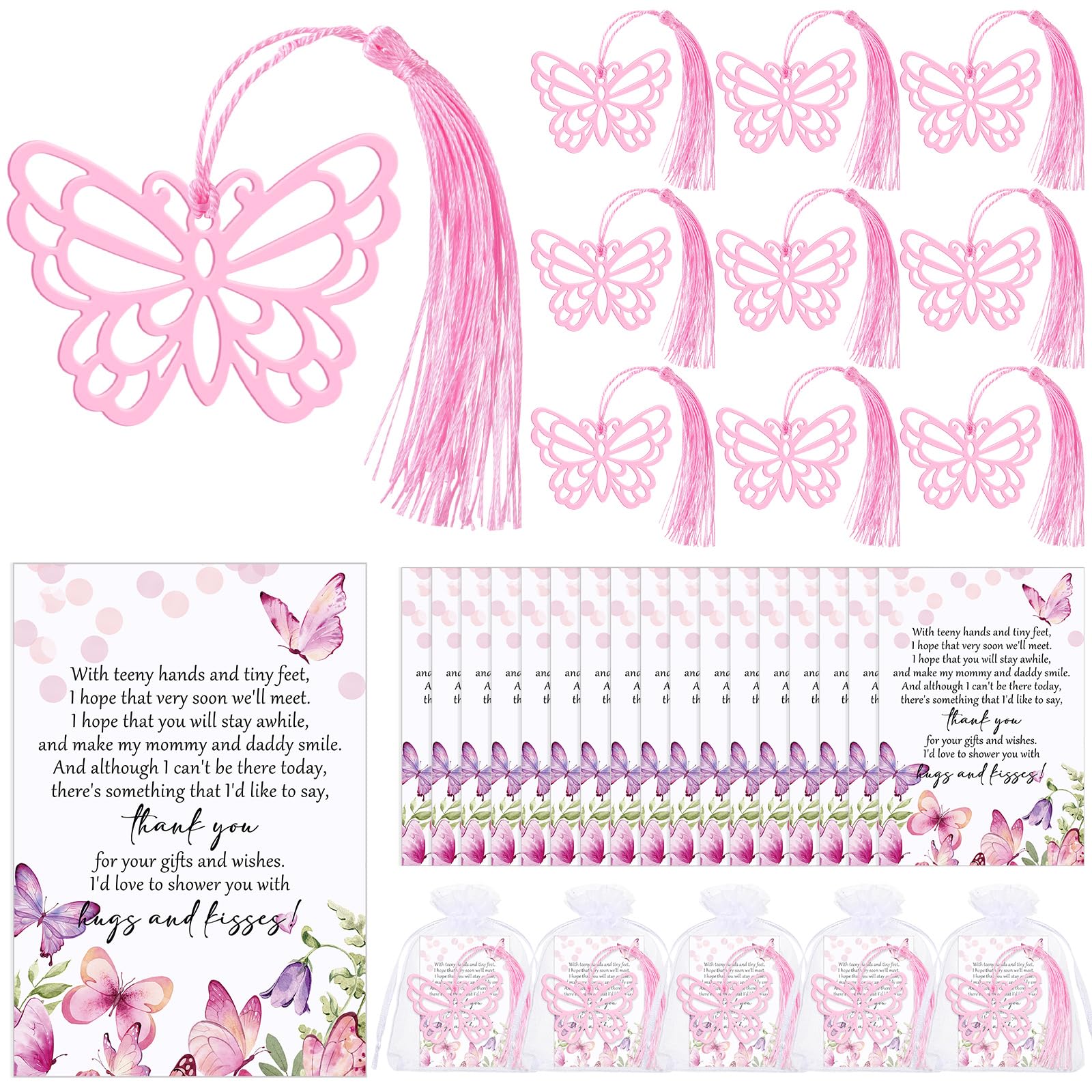 Humyoun 50 Sets Baby Shower Favors for Guests Bulk 50 Metal Book Marks Butterfly Bookmarks 50 Mini Thank You Cards 50 Organza Bags for Baby Shower Guests Souvenirs Reading Lover Gifts