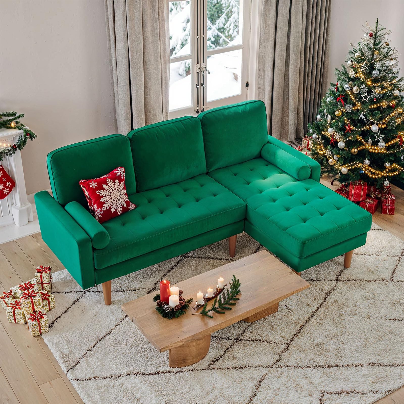 ONBRILL L Shaped Couch, Velvet L Shaped Sofa with Convertible Chaise, Sectional Sleeper Couch w/Tufted Sponge Cushion & 2 Bolster Pillows, Comfy L Shape Couch for Living Room, Small Space, Green