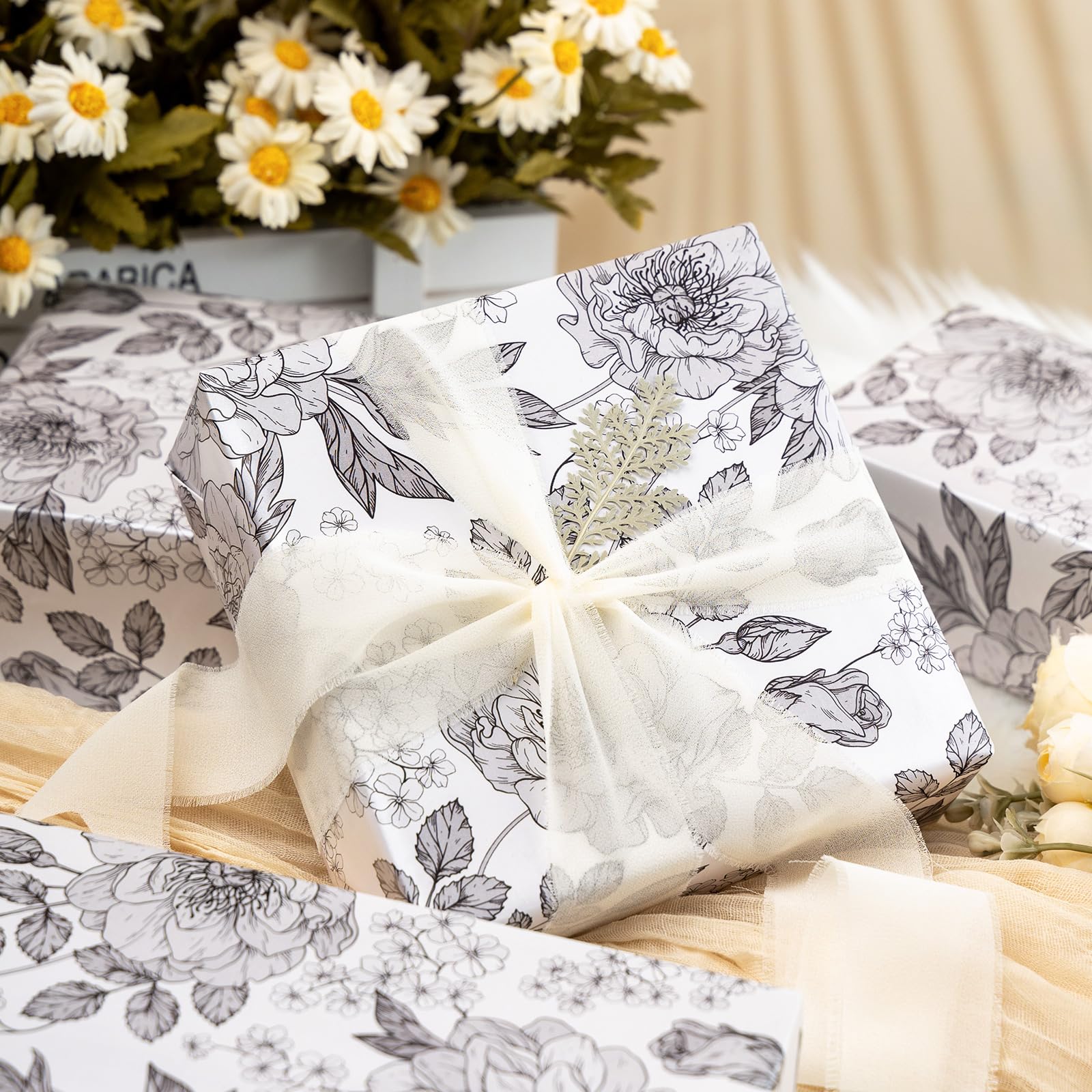 Homeral Shimmer Floral Gift Wrapping Paper Roll-46.8 sq.ft. Black and White Pearly Luster Vintage Flower for Wedding, Birthday, Baby Shower, Anniversaries, Party-17 Inch x 33 Feet