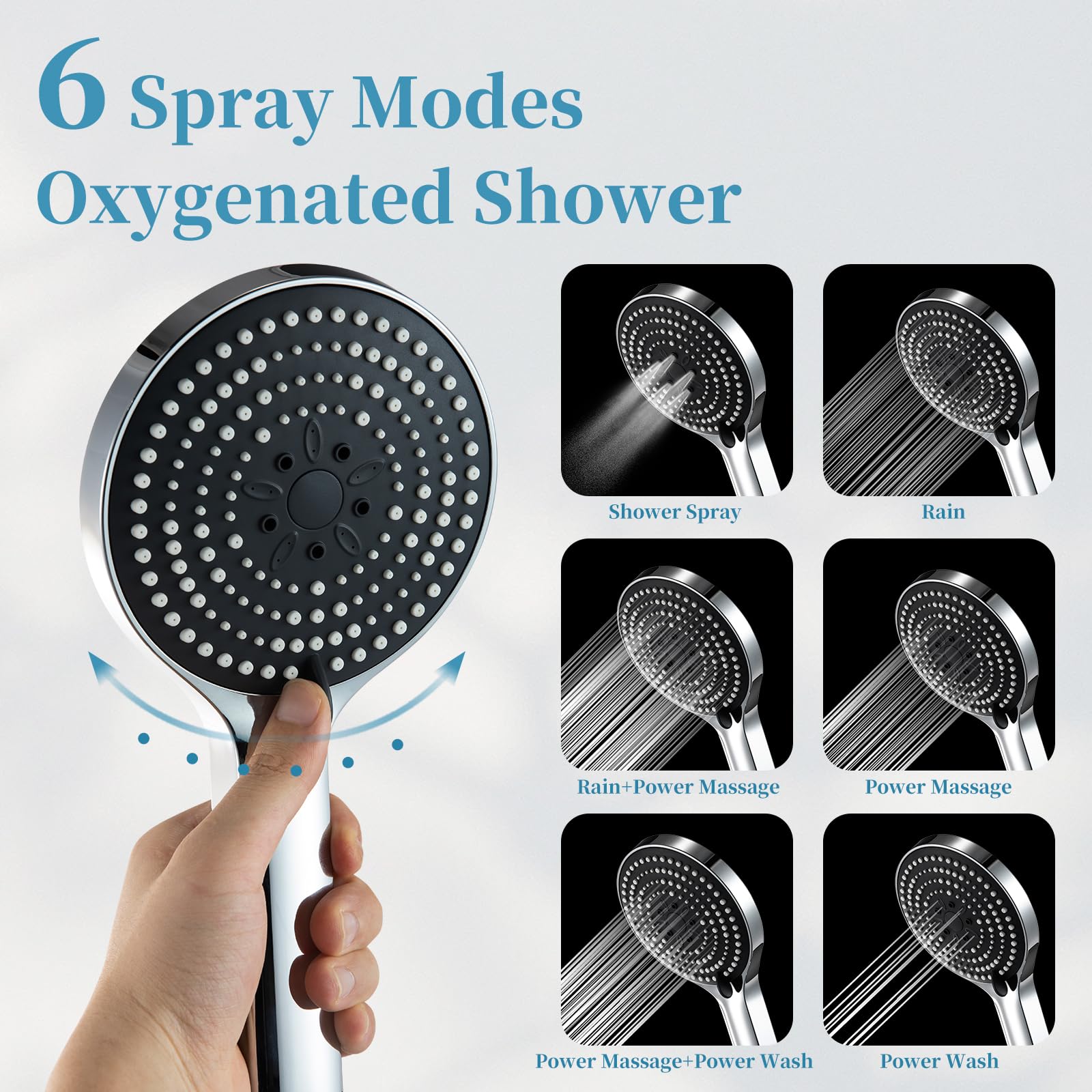 OFFO Handheld Shower Head Set, 6-Mode High Pressure Handheld Sprayer with 60 Inch Stainless Steel Hose & Holder, High Flow Large Powerful Boosting Handheld Showerhead for Low Water Pressure, Chrome