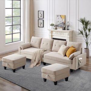 Tornama 111" Sectional Couches for Living Room, Modern Polyester Fiber U-Shaped Sofa Couch with Double Chaise, 4 Seat Sofa Set for Apartment, Beige