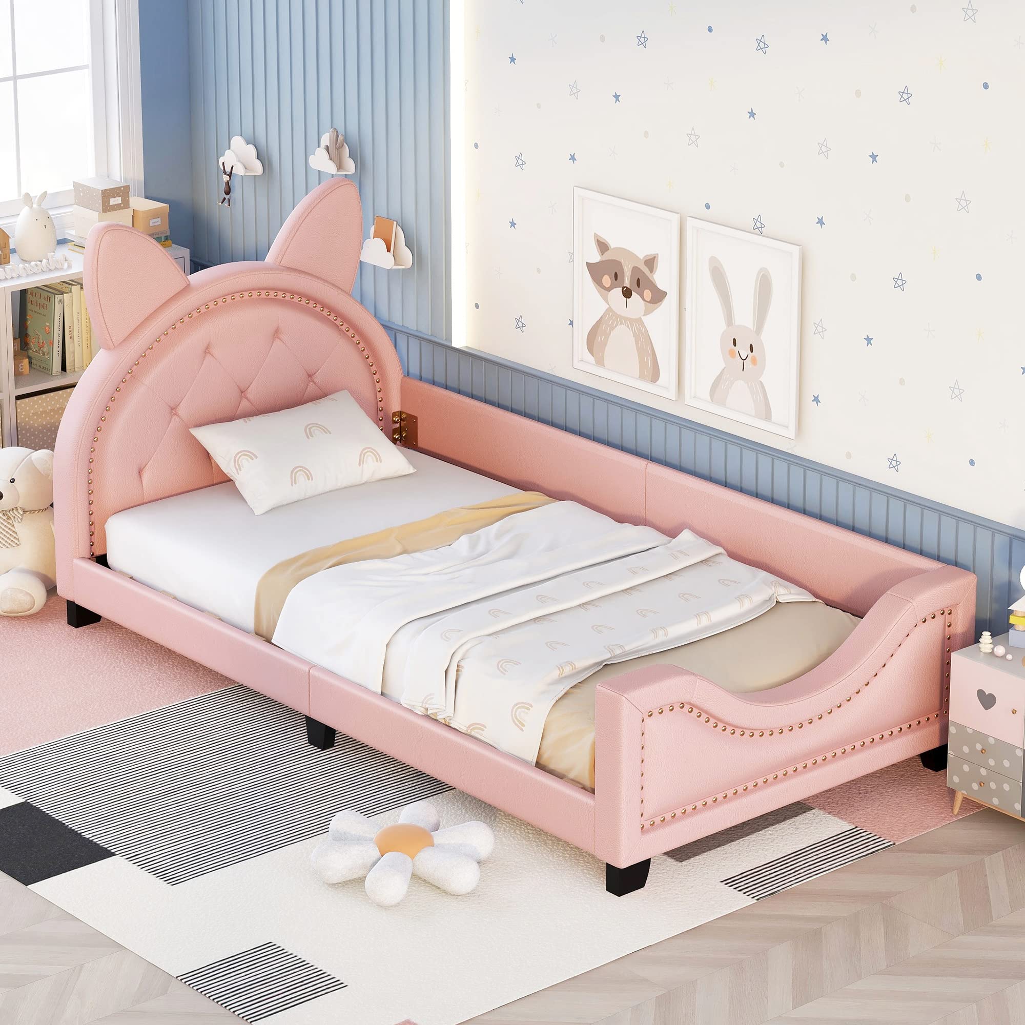 ACQCA Twin Size Daybed with Carton Ears Shaped Headboard, PU Leather Upholstered Platform Bed with Button Tufting Nailhead Trim for Kids Girls Boys, No Box Spring Needed,Pink