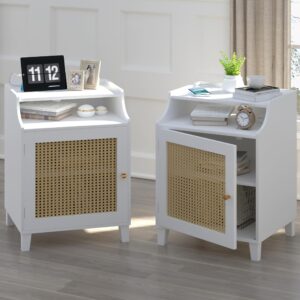 nightstand set of 2 white night stand with charging station farmhouse bedside table with rattan door&adjustable storage shelf rustic wood couch side table end table for bedroom