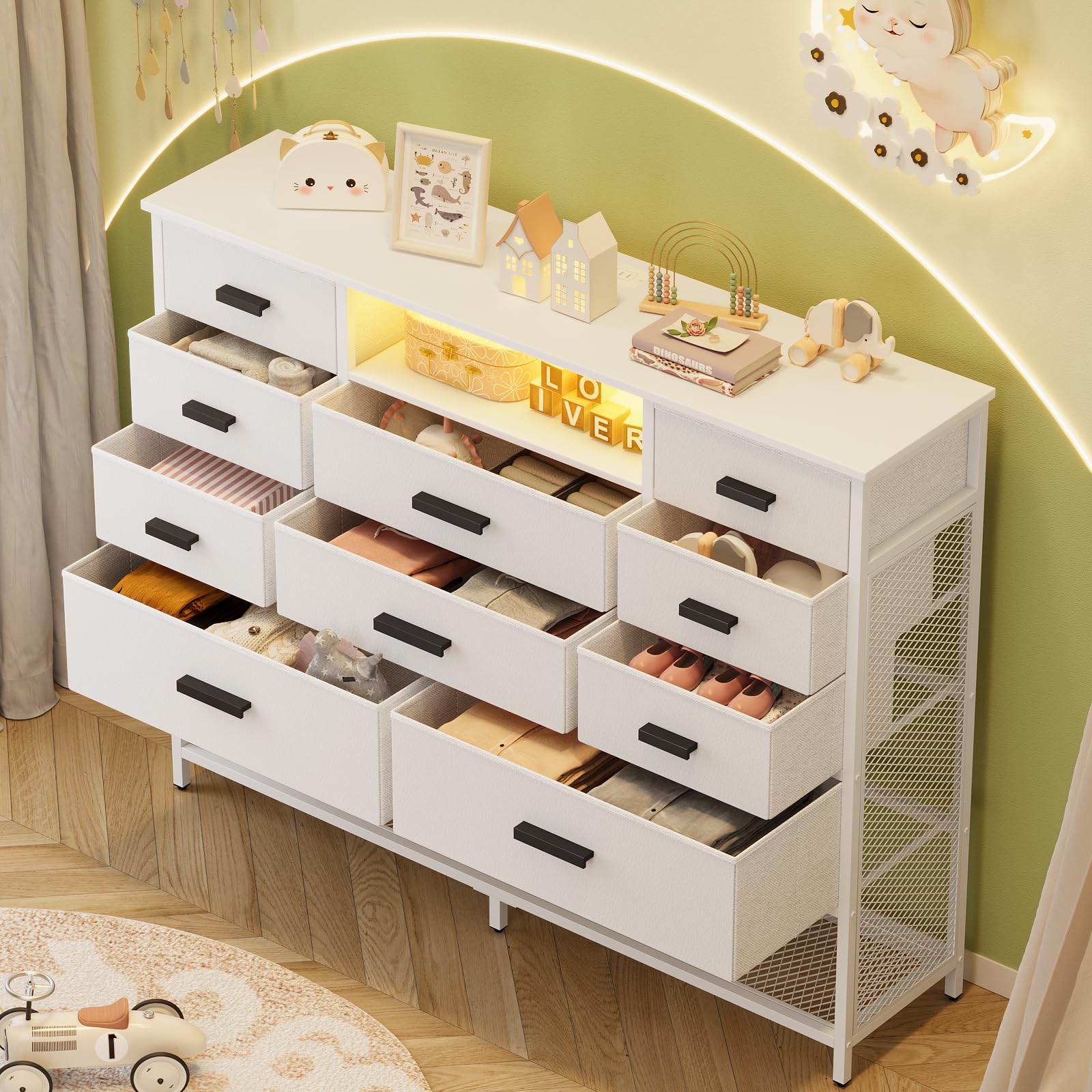 Harpaq White Dresser for Bedroom with 10 Drawers, Dresser with Charging Station, TV Stand Dresser with LED Light for 55" TV, Fabric Drawer Dresser with PU Finish, Dresser with Shelves for Closet