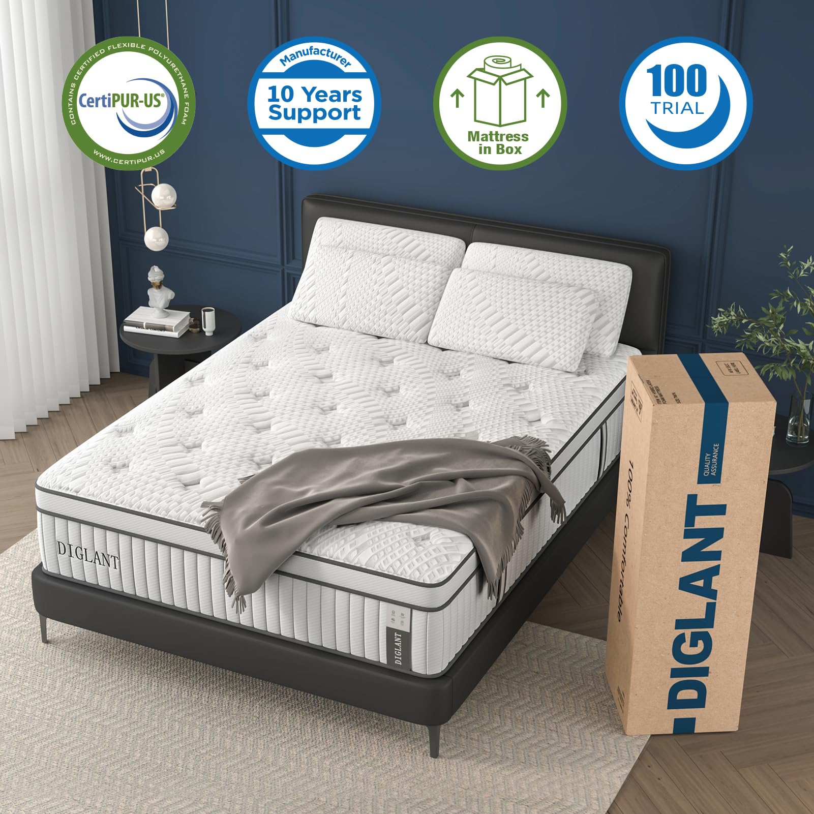 DIGLANT Twin XL Mattress, 14Inch Hybrid Cooling Gel Memory Foam Mattress, Medium Plush Feel with Pocket Springs, Support & Pressure Relieving Twin XL Mattress, CertiPUR-US Certified, 10 Year Warranty