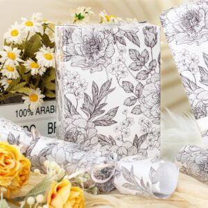 Homeral Shimmer Floral Gift Wrapping Paper Roll-46.8 sq.ft. Black and White Pearly Luster Vintage Flower for Wedding, Birthday, Baby Shower, Anniversaries, Party-17 Inch x 33 Feet