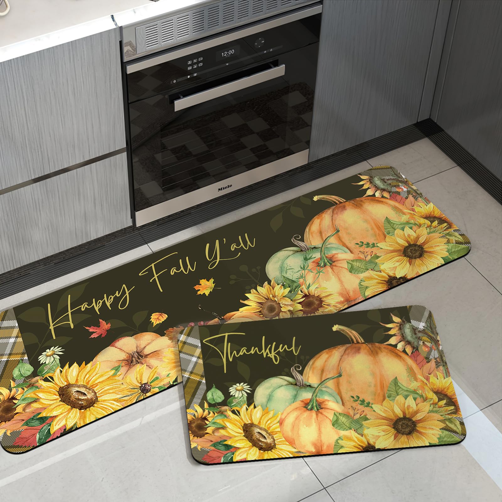 APROPHIC Autumn Kitchen Mats for Floor Buffalo Plaid Kitchen Rug Pumpkin Sunflower Absorbent Non-Slip Runner Rug for Festive Decor, Cushioned Standing,17x24 + 17x41 in