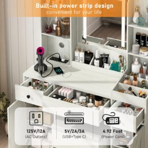 jiteentarou Farmhouse Vanity Desk w/Outlet & Stool, 11 Storage Shelves 3 Drawers 2 Big Cabinets, 43" White Vanity Table Make up Desk w/Mirror and Lights, Rustic LED Vanity Set for Women, Girls