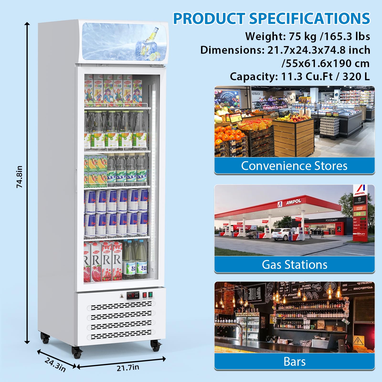 Towallmark Commercial Display Refrigerator, 11.3 Cu.Ft. Beverage Refrigerator Display Fridge, Upright Glass Door Merchandiser Fridge Beverage Cooler with LED Light, Adjustable Shelves