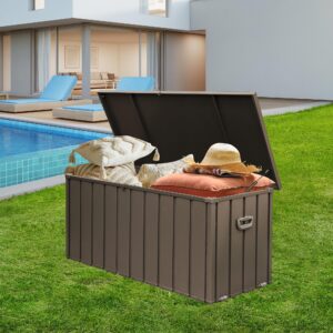 shpai 100 gallon deck box with indoor and outdoor use, lockable storage container with galvanized steel, waterproof outdoor cabinet for pillows, cushions, pool toys, patio furniture, dark brown