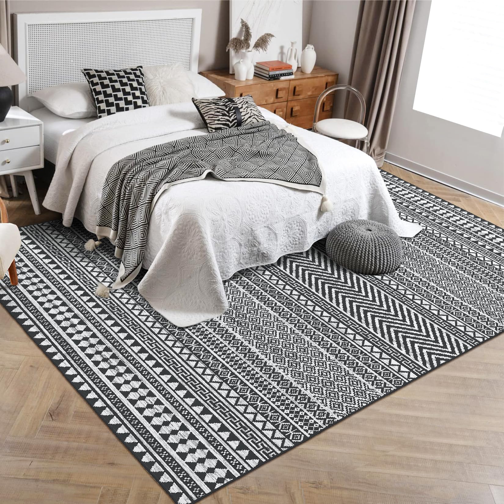 CAROMIO Washable Rug 8x10 Geometric Indoor Carpet Low Pile Non Slip Boho Farmhouse Rug Black Mororccan Throw Floor Cover Bohemian Rug for Living Room Bedroom Home Decor, Black