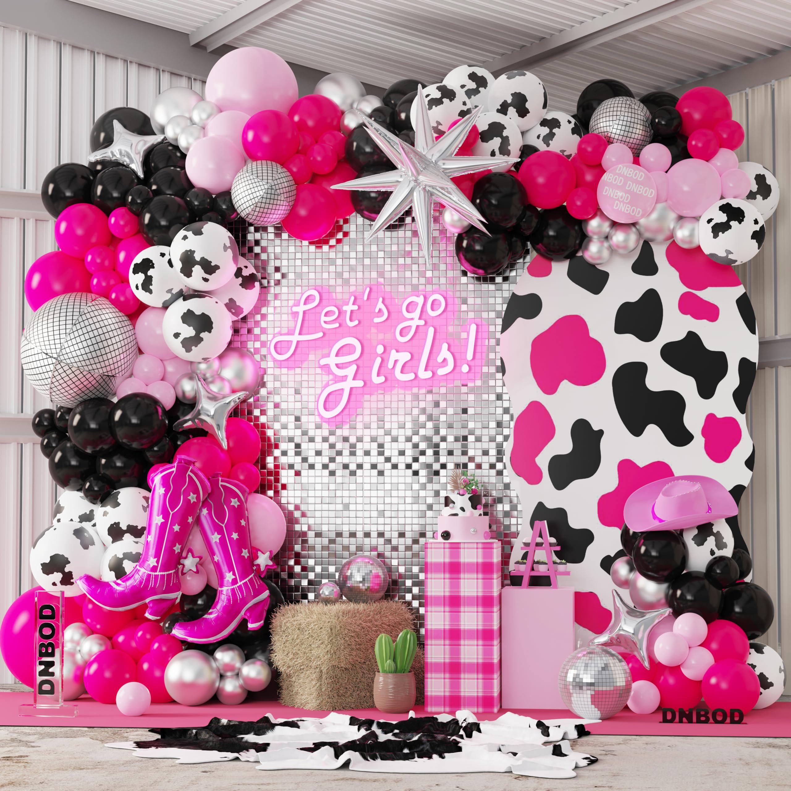 Disco Cowgirl Party Decorations,158Pcs Hot Pink Black Cow Print Cowgirl Balloon Arch Kit for Birthday Last Rodeo Bachelorette Bridal Baby Shower,Western Retro 80s 90s Party Balloon Garland Backdrop