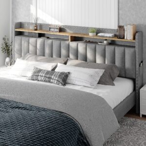 EnHomee King Size Bed Frame with Storage and Headboard, Upholstered King Bed Frame with Storage, Grey King Bed Frame with 2 Drawers, King Size Bed Frame with Storage, NO Noise,No Box Spring Needed