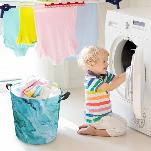 TsyTma Watercolor Turquoise Laundry Basket Green Sea Water Collapsible Laundry Hamper with Handles Small Round Toy Bin for Dirty Clothes Hamper Bedroom Bathroom