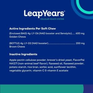 Leap Years Soft Chew Dog Supplement – Clinically Proven Daily NAD & Senolytic Formula; Support Cognition, Vitality & Healthy Cellular Aging; Beef Flavor (Small/Medium Breed (<54 lbs))