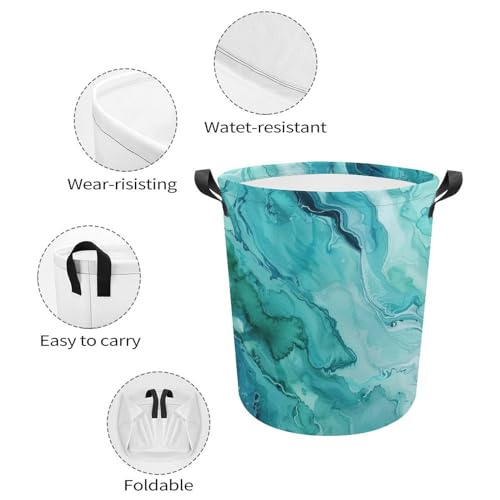 TsyTma Watercolor Turquoise Laundry Basket Green Sea Water Collapsible Laundry Hamper with Handles Small Round Toy Bin for Dirty Clothes Hamper Bedroom Bathroom