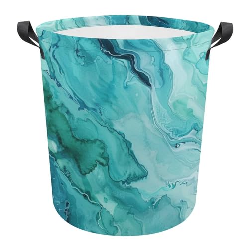 TsyTma Watercolor Turquoise Laundry Basket Green Sea Water Collapsible Laundry Hamper with Handles Small Round Toy Bin for Dirty Clothes Hamper Bedroom Bathroom