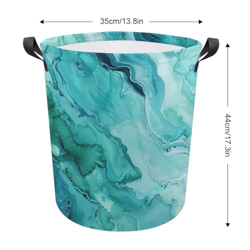 TsyTma Watercolor Turquoise Laundry Basket Green Sea Water Collapsible Laundry Hamper with Handles Small Round Toy Bin for Dirty Clothes Hamper Bedroom Bathroom