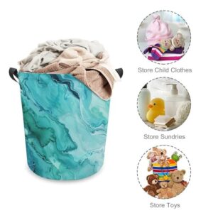 TsyTma Watercolor Turquoise Laundry Basket Green Sea Water Collapsible Laundry Hamper with Handles Small Round Toy Bin for Dirty Clothes Hamper Bedroom Bathroom