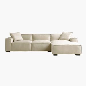 Acanva Modern L-Shaped Deep Sectional Sofa Furniture Set for Living Room Lounge, Minimalist Style Comfy Suedette Upholstery Corner Couch with Chaise, Cream